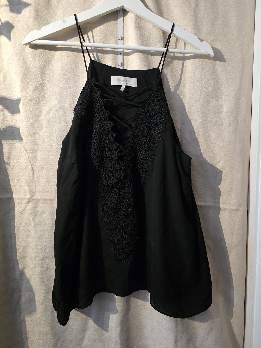 Wayf Black Lace-Up Crochet Detail Spaghetti Strap Camisole